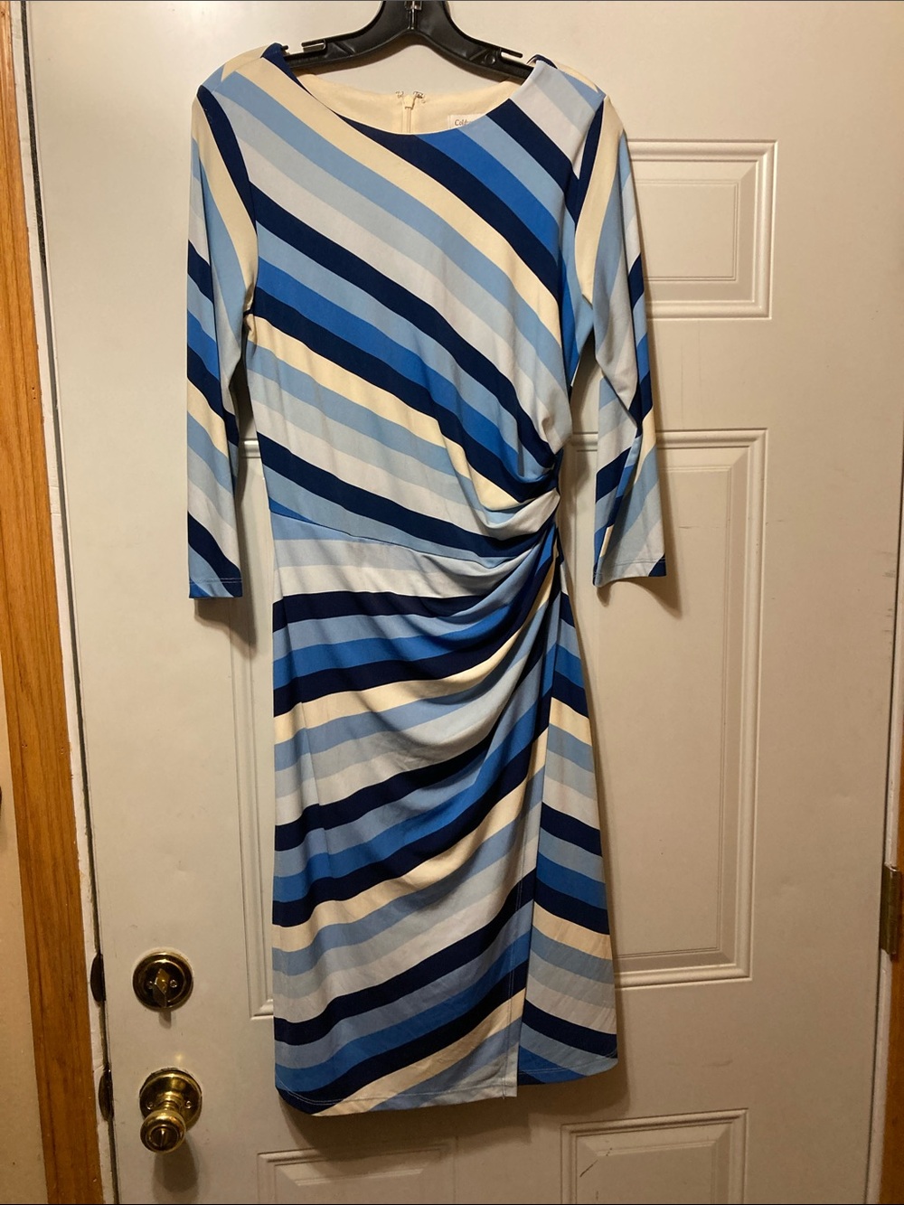 Coldwater Creek Striped Blue & Cream Ruched Sheath Dress 8